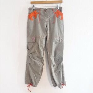 Vintage UFO Cargo‎ Parachute Pant Womens XS Gray Orange USA Flag Patch Y2K Rave